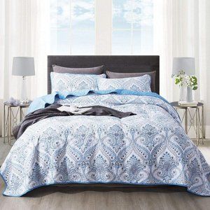 NEWLAKE Cotton Queen Bedspread Quilt reversible set, Blue Classic Royal